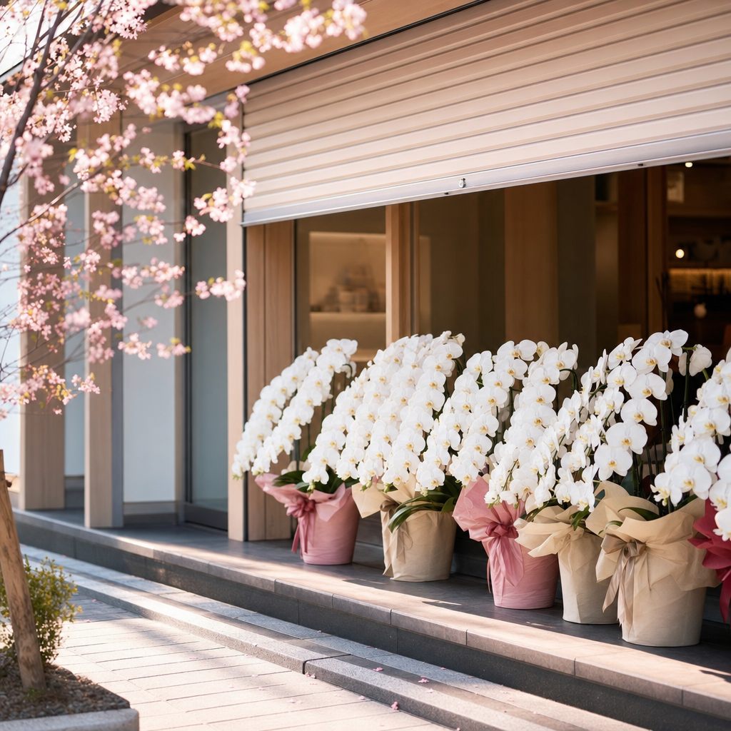 開店前の店舗の前に並べられた白い胡蝶蘭