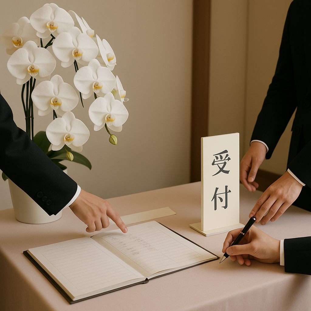 周年記念式典の受付テーブルに置かれた白い胡蝶蘭