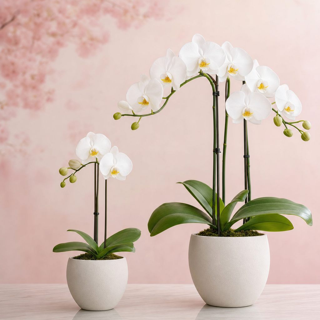 3本立と5本立の白い胡蝶蘭を並べた大きさの比較