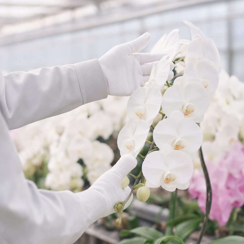 温室で胡蝶蘭の花数を確認する生産者の手元
