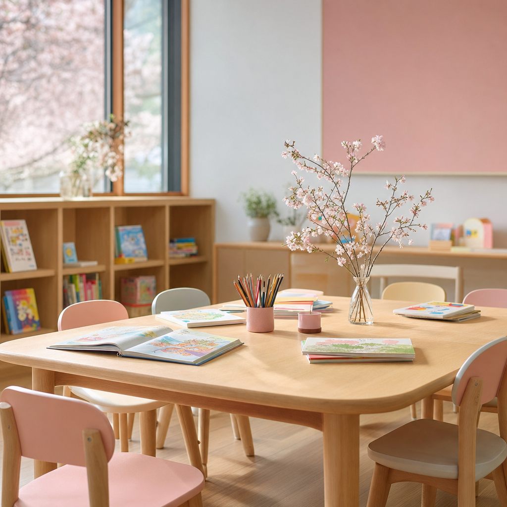 絵本や文具が並ぶ子どもの居場所の明るいテーブル