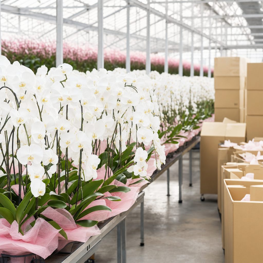 出荷前の胡蝶蘭が並ぶ生産ハウスと梱包用の箱