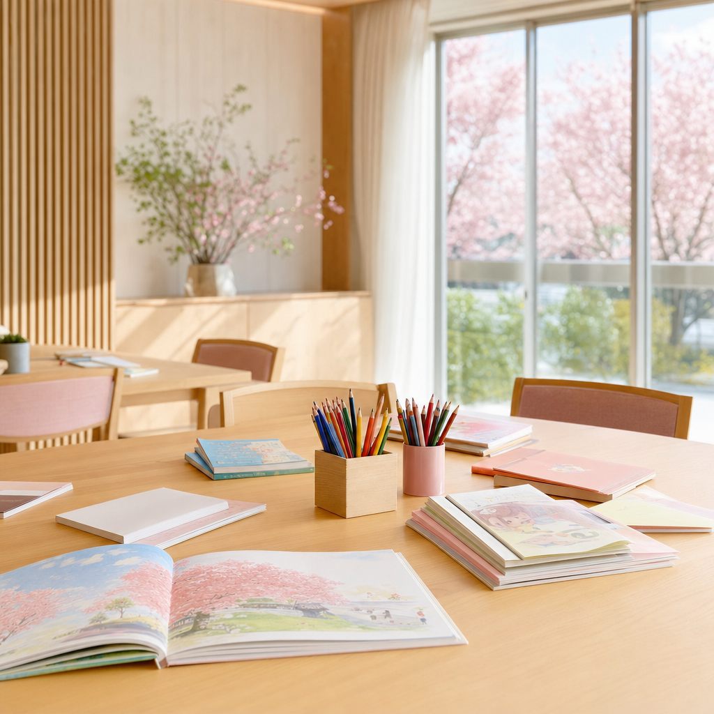 明るい部屋のテーブルに並ぶ絵本と色鉛筆などの学習材料