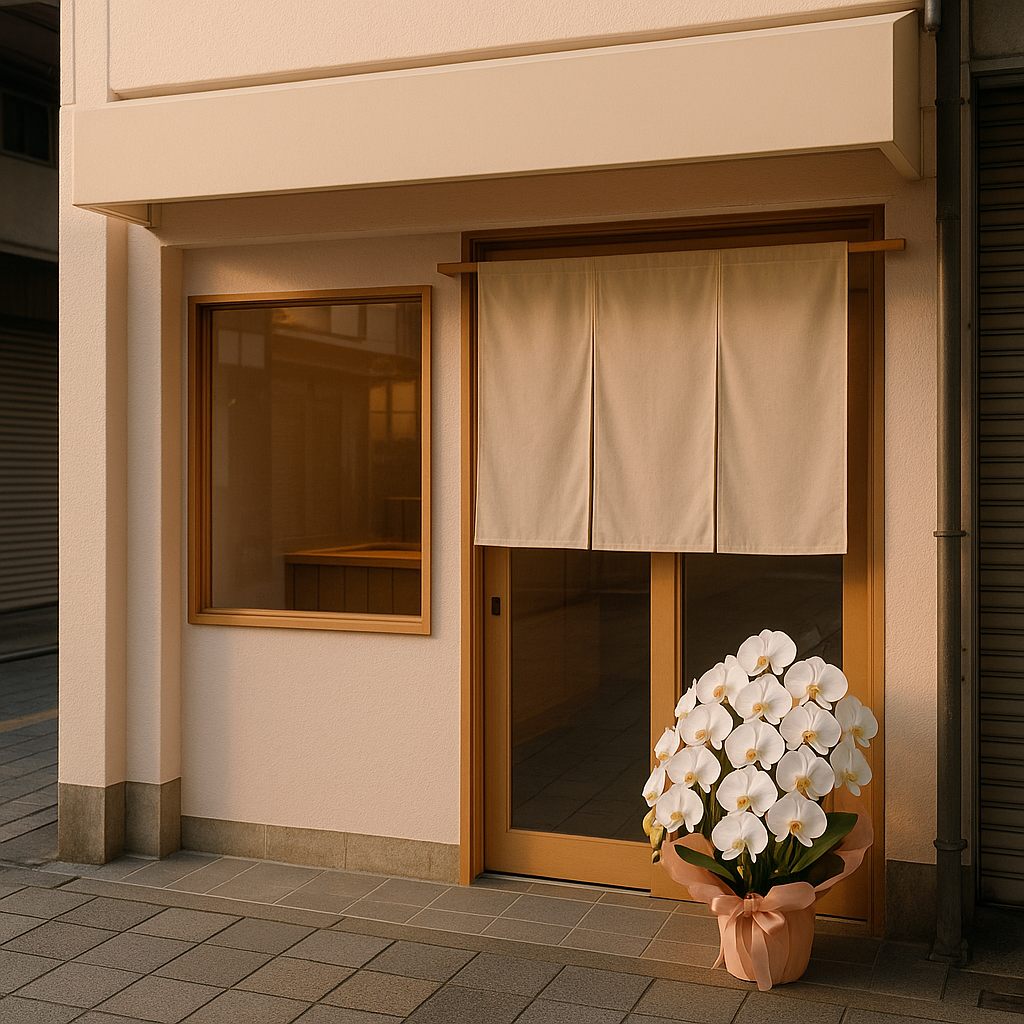 開店前の商店街の店舗入口に置かれた白い胡蝶蘭