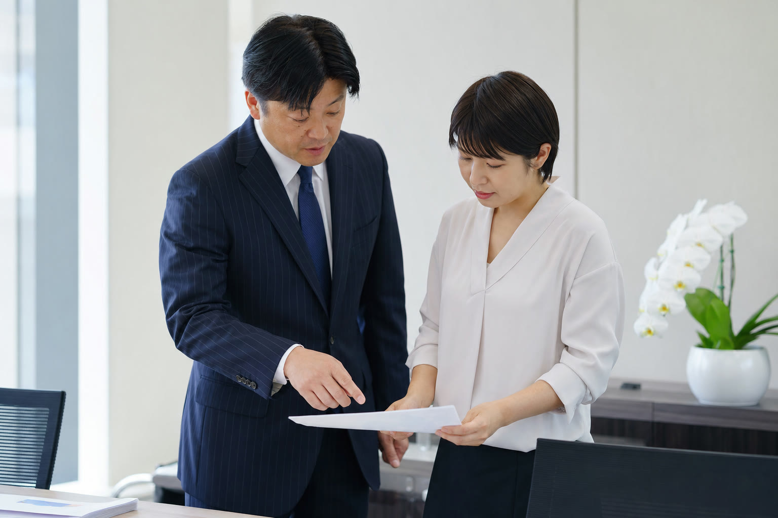 贈り先と目的を確認しながら経費処理を相談する担当者