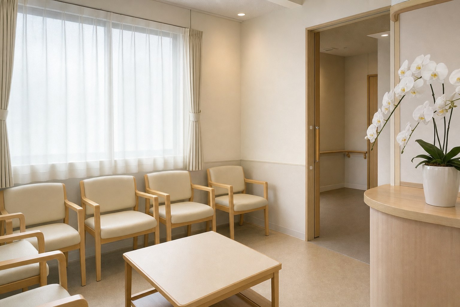 クリニックの待合室と受付に置かれた白い胡蝶蘭