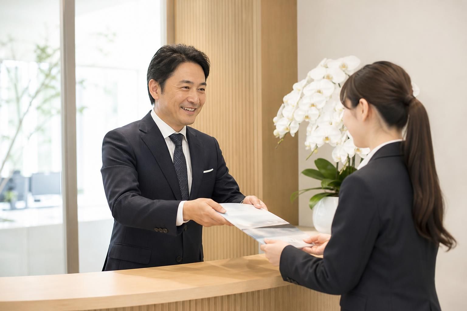 事務所で社長が若い社員に会社案内のパンフレットを手渡している様子