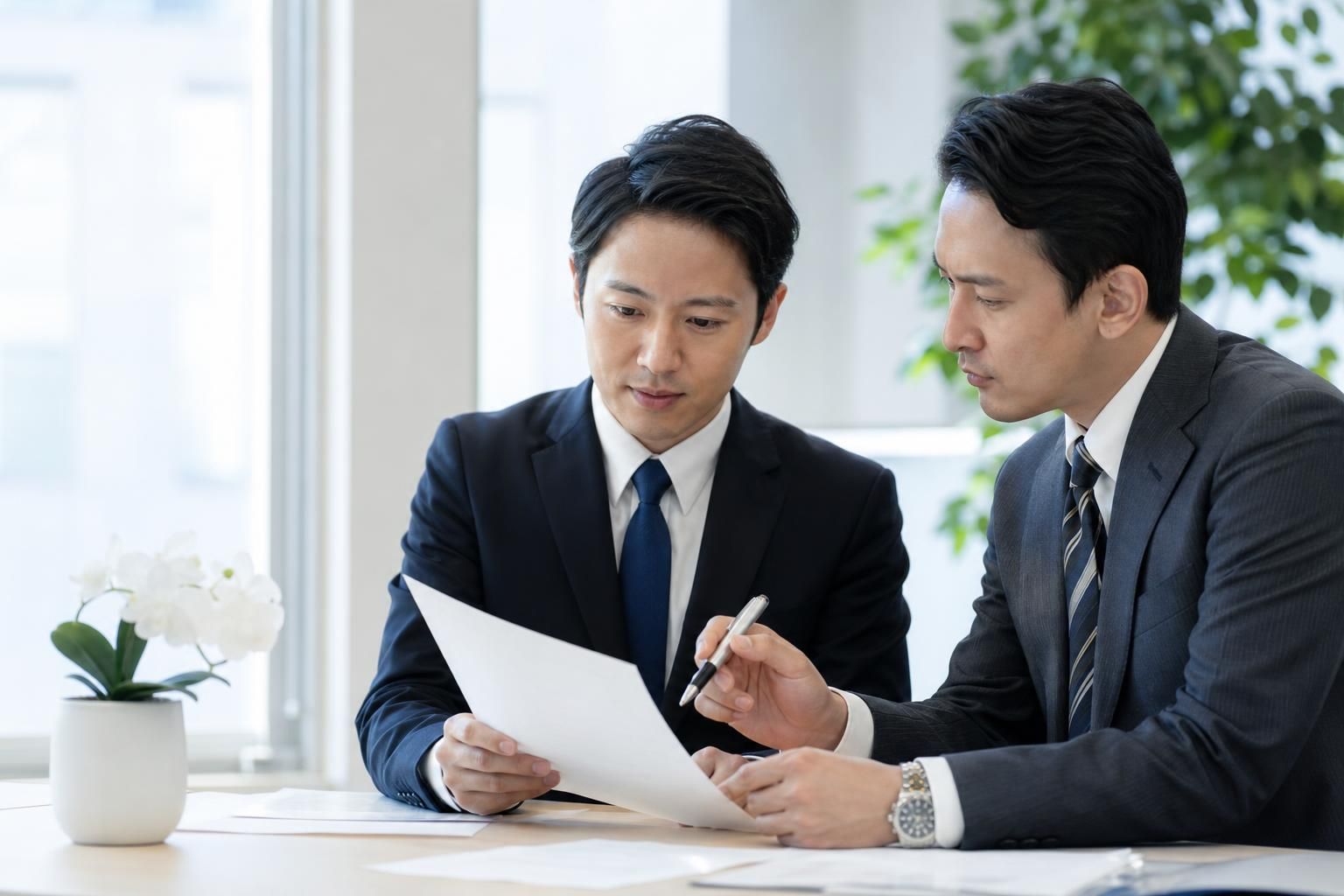 オフィスで採用担当者と上司が求人票の紙を見ながらペンで直しを入れている様子