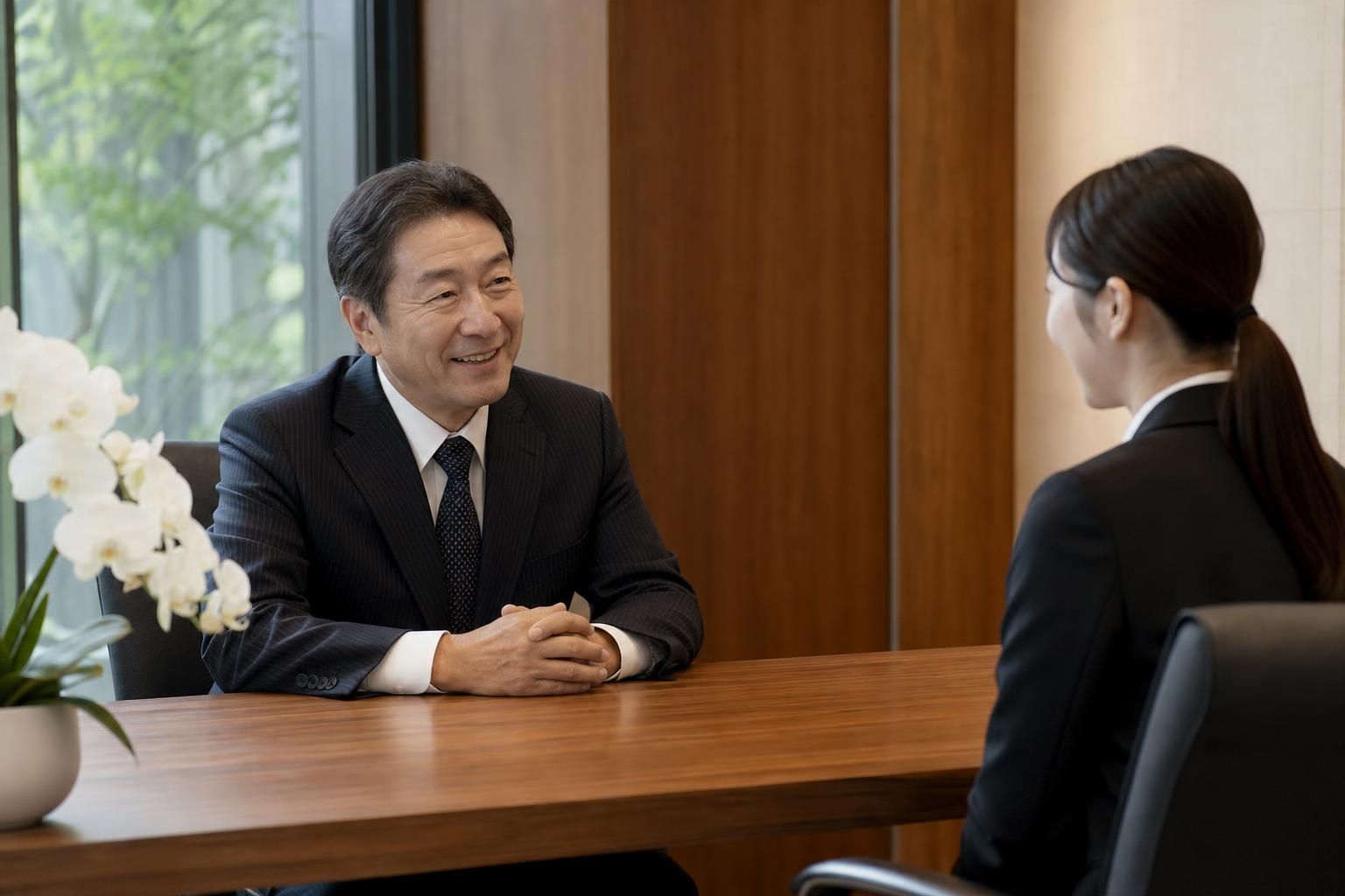 面接室で笑顔で話す社長と向かい合う応募者、テーブルの端の白い胡蝶蘭