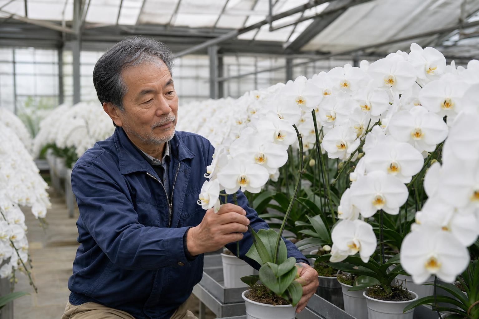 温室で生産者が整然と並ぶ白い胡蝶蘭の鉢を手入れしている様子