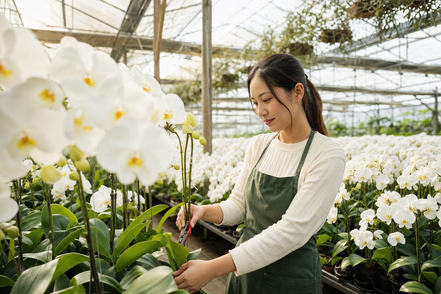 蘭丸の生産ハウスで白い胡蝶蘭を一鉢ずつ育て、手入れする生産者。市場を介さない直接取引で、鮮度も価格もまっすぐに