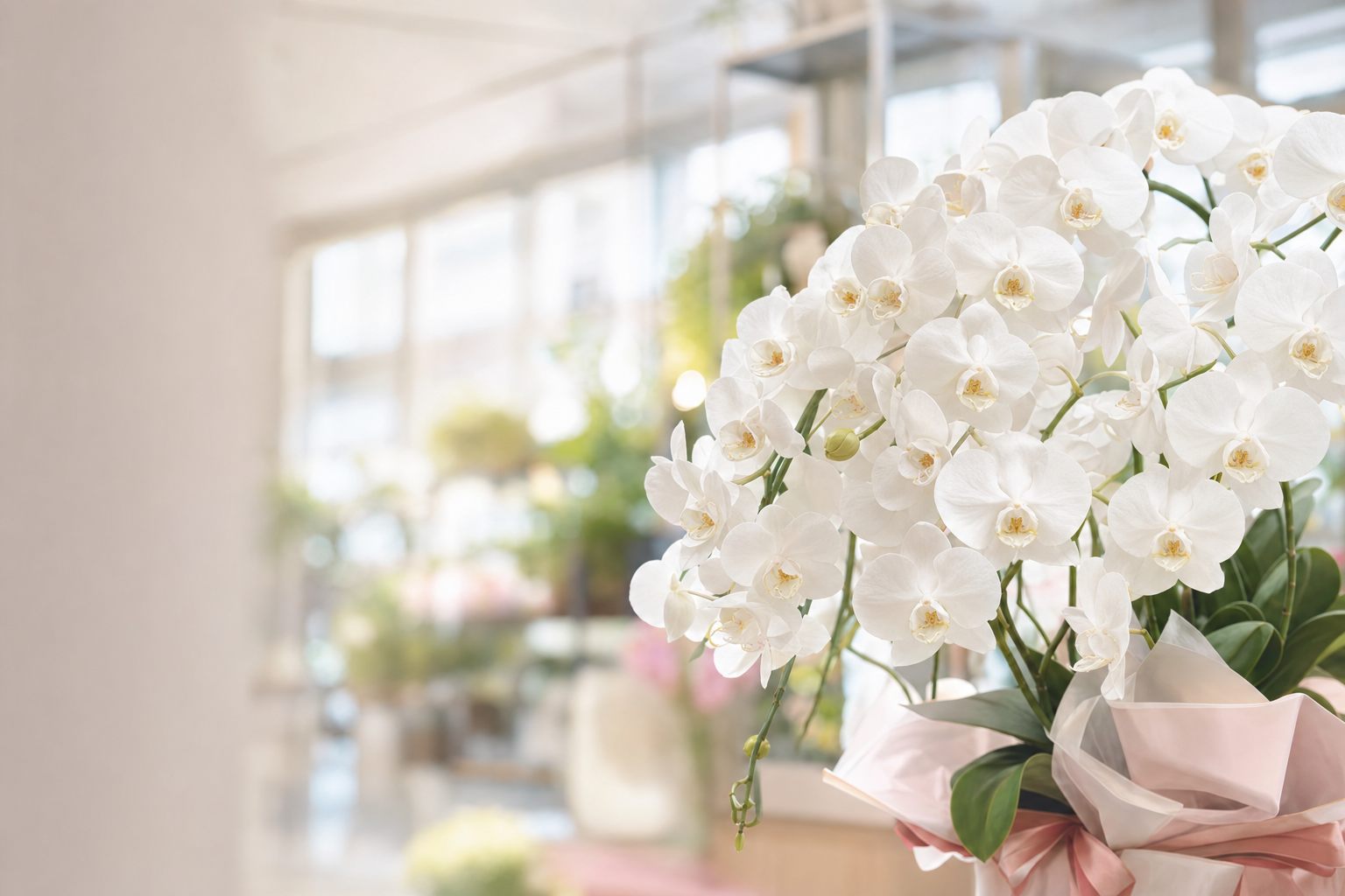 生産者直送の白い胡蝶蘭。法人のお祝いに、想いを込めてお届けする blooming. の一鉢